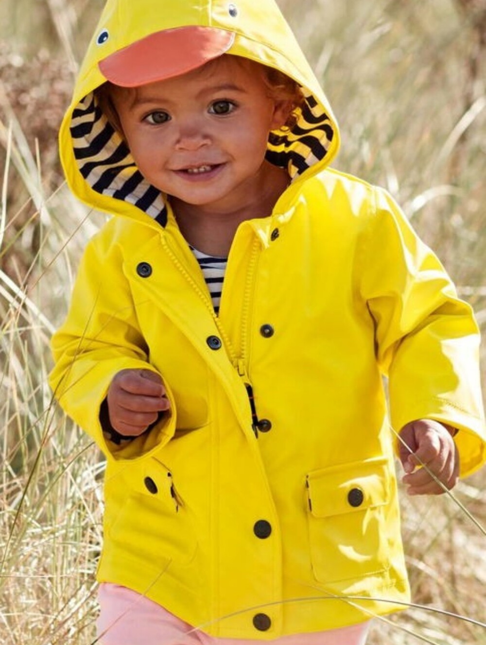 Baby Boden Yellow Duck-Detail Hooded Raincoat with Navy Stripe Lining